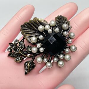 Antique Gold Tone Faux Pearl Black Rhinestone Floral Brooch Pin Statement